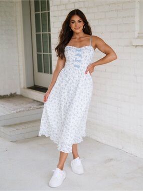Blue Floral Midi Dress with Spaghetti Straps